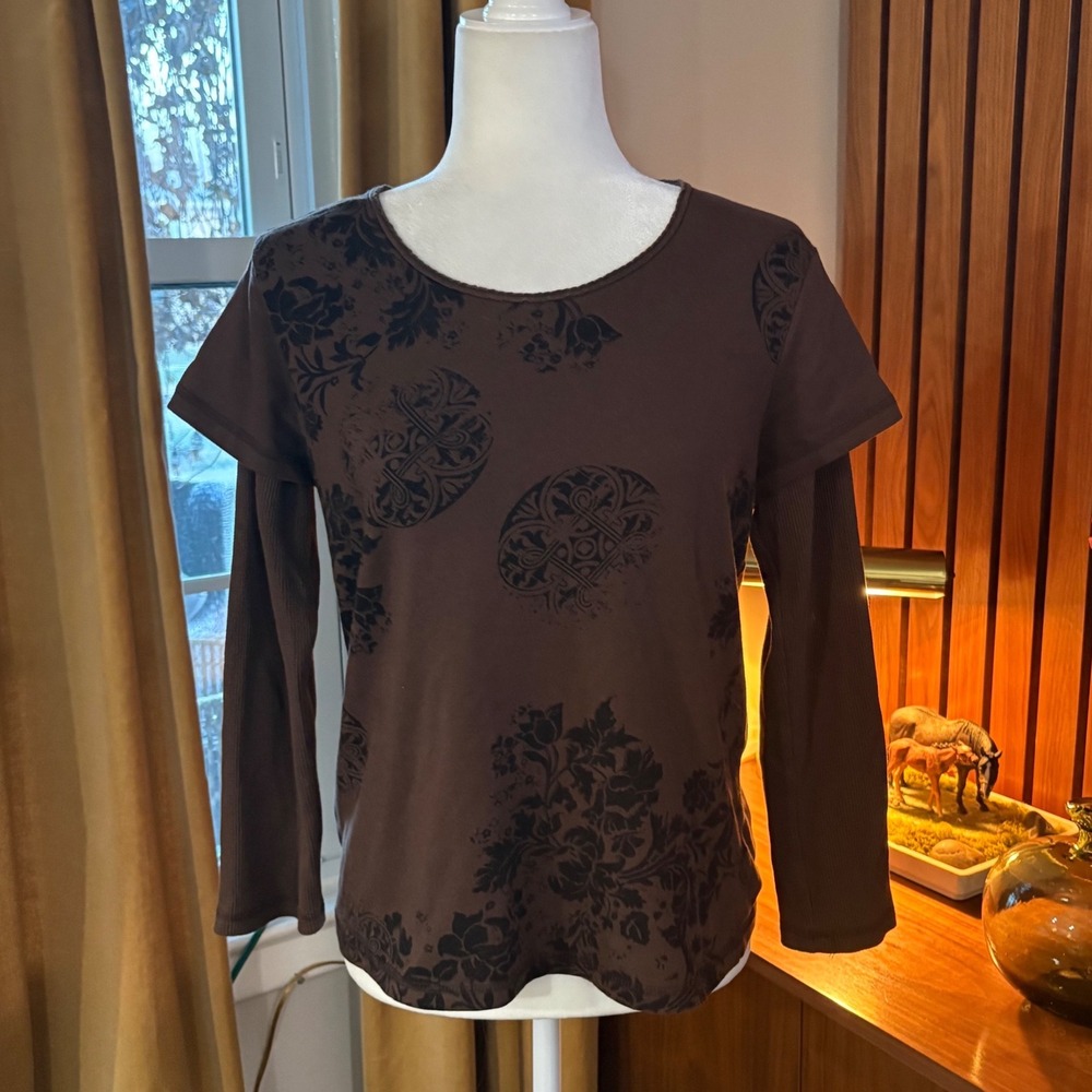 NorthCrest Classic Brown Layered Look Ribbed Long Sleeve Graphic‎ Top Womens M